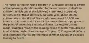 The nurse caring for young children in a hospice setting is aware of the following statistics related to the occurrence of death in children. Which one of the following statements accurately reflects one of these statistics? A) Each year, about 50,000 children die in the United States; of those, about 15,000 are infants. B) It is unusual for a child's chronic illness to progress to the point of becoming a terminal illness. C) Despite strides made, diabetes remains the leading cause of death from disease in all children older than the age of 1 year. D) Congenital defects and traumatic injuries are the most common causes of diseases leading to death.