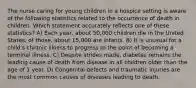 The nurse caring for young children in a hospice setting is aware of the following statistics related to the occurrence of death in children. Which statement accurately reflects one of these statistics? A) Each year, about 50,000 children die in the United States; of those, about 15,000 are infants. B) It is unusual for a child's chronic illness to progress to the point of becoming a terminal illness. C) Despite strides made, diabetes remains the leading cause of death from disease in all children older than the age of 1 year. D) Congenital defects and traumatic injuries are the most common causes of diseases leading to death.