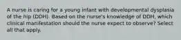 A nurse is caring for a young infant with developmental dysplasia of the hip (DDH). Based on the nurse's knowledge of DDH, which clinical manifestation should the nurse expect to observe? Select all that apply.