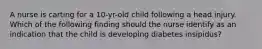 A nurse is carting for a 10-yr-old child following a head injury. Which of the following finding should the nurse identify as an indication that the child is developing diabetes insipidus?