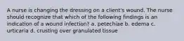 A nurse is changing the dressing on a client's wound. The nurse should recognize that which of the following findings is an indication of a wound infection? a. petechiae b. edema c. urticaria d. crusting over granulated tissue