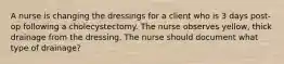 A nurse is changing the dressings for a client who is 3 days post-op following a cholecystectomy. The nurse observes yellow, thick drainage from the dressing. The nurse should document what type of drainage?