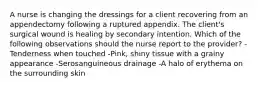 A nurse is changing the dressings for a client recovering from an appendectomy following a ruptured appendix. The client's surgical wound is healing by secondary intention. Which of the following observations should the nurse report to the provider? -Tenderness when touched -Pink, shiny tissue with a grainy appearance -Serosanguineous drainage -A halo of erythema on the surrounding skin