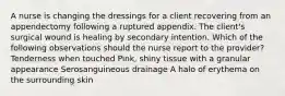 A nurse is changing the dressings for a client recovering from an appendectomy following a ruptured appendix. The client's surgical wound is healing by secondary intention. Which of the following observations should the nurse report to the provider? Tenderness when touched Pink, shiny tissue with a granular appearance Serosanguineous drainage A halo of erythema on the surrounding skin