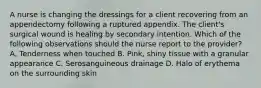 A nurse is changing the dressings for a client recovering from an appendectomy following a ruptured appendix. The client's surgical wound is healing by secondary intention. Which of the following observations should the nurse report to the provider? A. Tenderness when touched B. Pink, shiny tissue with a granular appearance C. Serosanguineous drainage D. Halo of erythema on the surrounding skin