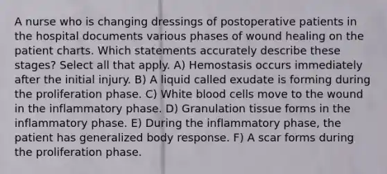 A nurse who is changing dressings of postoperative patients in the hospital documents various phases of wound healing on the patient charts. Which statements accurately describe these stages? Select all that apply. A) Hemostasis occurs immediately after the initial injury. B) A liquid called exudate is forming during the proliferation phase. C) White blood cells move to the wound in the inflammatory phase. D) Granulation tissue forms in the inflammatory phase. E) During the inflammatory phase, the patient has generalized body response. F) A scar forms during the proliferation phase.