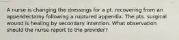 A nurse is changing the dressings for a pt. recovering from an appendectomy following a ruptured appendix. The pts. surgical wound is healing by secondary intention. What observation should the nurse report to the provider?