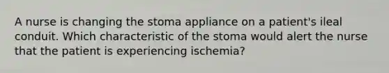 A nurse is changing the stoma appliance on a patient's ileal conduit. Which characteristic of the stoma would alert the nurse that the patient is experiencing ischemia?