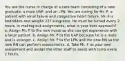 You are the nurse in charge of a care team consisting of a new graduate, a male UAP, and an LPN. You are caring for Mr. P, a patient with renal failure and congestive heart failure. Mr. P is bedridden and weighs 227 kilograms. He must be turned every 2 hours. In making out assignments, what is your best approach? a. Assign Mr. P to the new nurse so she can get experience with a large patient. b. Assign Mr. P to the UAP because he is a male and is stronger. c. Assign Mr. P to the LPN and the new RN so the new RN can perform assessments. d. Take Mr. P as your own assignment and assign the other staff to assist with turns every 2 hours.