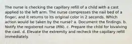 The nurse is checking the capillary refill of a child with a cast applied to the left arm. The nurse compresses the nail bed of a finger, and it returns to its original color in 2 seconds. Which action would be taken by the nurse? a. Document the findings. b. Notify the registered nurse (RN). c. Prepare the child for bivalving the cast. d. Elevate the extremity and recheck the capillary refill immediately.