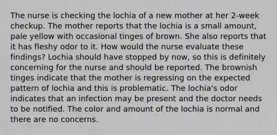 The nurse is checking the lochia of a new mother at her 2-week checkup. The mother reports that the lochia is a small amount, pale yellow with occasional tinges of brown. She also reports that it has fleshy odor to it. How would the nurse evaluate these findings? Lochia should have stopped by now, so this is definitely concerning for the nurse and should be reported. The brownish tinges indicate that the mother is regressing on the expected pattern of lochia and this is problematic. The lochia's odor indicates that an infection may be present and the doctor needs to be notified. The color and amount of the lochia is normal and there are no concerns.