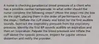 A nurse is checking paradoxical blood pressure of a client who has a possible cardiac tamponade. In what order should the nurse complete the following steps? (Move the steps into the box on the right, placing them in the order of performance. Use all the steps.) Deflate the cuff slowly and listen for the first audible sounds. Subtract the inspiratory pressure from the expiratory pressure. Identify the first BP sounds audible on expiration and then on inspiration. Palpate the blood pressure and inflate the cuff above the systolic pressure. Inspect for jugular venous distention and notify the provider.