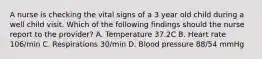 A nurse is checking the vital signs of a 3 year old child during a well child visit. Which of the following findings should the nurse report to the provider? A. Temperature 37.2C B. Heart rate 106/min C. Respirations 30/min D. Blood pressure 88/54 mmHg