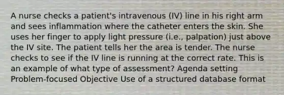 A nurse checks a patient's intravenous (IV) line in his right arm and sees inflammation where the catheter enters the skin. She uses her finger to apply light pressure (i.e., palpation) just above the IV site. The patient tells her the area is tender. The nurse checks to see if the IV line is running at the correct rate. This is an example of what type of assessment? Agenda setting Problem-focused Objective Use of a structured database format