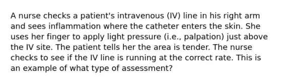 A nurse checks a patient's intravenous (IV) line in his right arm and sees inflammation where the catheter enters the skin. She uses her finger to apply light pressure (i.e., palpation) just above the IV site. The patient tells her the area is tender. The nurse checks to see if the IV line is running at the correct rate. This is an example of what type of assessment?