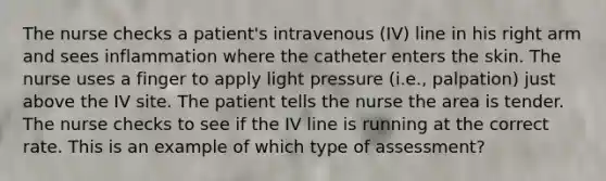 The nurse checks a patient's intravenous (IV) line in his right arm and sees inflammation where the catheter enters the skin. The nurse uses a finger to apply light pressure (i.e., palpation) just above the IV site. The patient tells the nurse the area is tender. The nurse checks to see if the IV line is running at the correct rate. This is an example of which type of assessment?