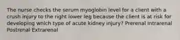 The nurse checks the serum myoglobin level for a client with a crush injury to the right lower leg because the client is at risk for developing which type of acute kidney injury? Prerenal Intrarenal Postrenal Extrarenal