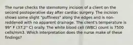 The nurse checks the sternotomy incision of a client on the second postoperative day after cardiac surgery. The incision shows some slight "puffiness" along the edges and is non-reddened with no apparent drainage. The client's temperature is 99° F (37.2° C) orally. The white blood cell (WBC) count is 7500 cells/mm3. Which interpretation does the nurse make of these findings?