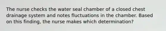 The nurse checks the water seal chamber of a closed chest drainage system and notes fluctuations in the chamber. Based on this finding, the nurse makes which determination?