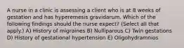 A nurse in a clinic is assessing a client who is at 8 weeks of gestation and has hyperemesis gravidarum. Which of the following findings should the nurse expect? (Select all that apply.) A) History of migraines B) Nulliparous C) Twin gestations D) History of gestational hypertension E) Oligohydramnios