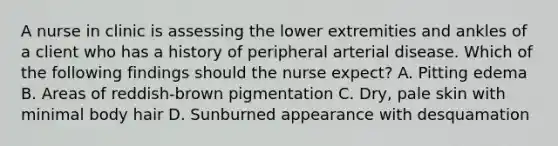 A nurse in clinic is assessing the lower extremities and ankles of a client who has a history of peripheral arterial disease. Which of the following findings should the nurse expect? A. Pitting edema B. Areas of reddish-brown pigmentation C. Dry, pale skin with minimal body hair D. Sunburned appearance with desquamation