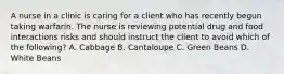 A nurse in a clinic is caring for a client who has recently begun taking warfarin. The nurse is reviewing potential drug and food interactions risks and should instruct the client to avoid which of the following? A. Cabbage B. Cantaloupe C. Green Beans D. White Beans