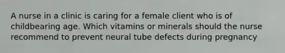 A nurse in a clinic is caring for a female client who is of childbearing age. Which vitamins or minerals should the nurse recommend to prevent neural tube defects during pregnancy