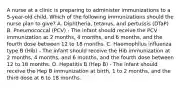 A nurse at a clinic is preparing to administer immunizations to a 5-year-old child. Which of the following immunizations should the nurse plan to give? A. Diphtheria, tetanus, and pertussis (DTaP) B. Pneumococcal (PCV) - The infant should receive the PCV immunization at 2 months, 4 months, and 6 months, and the fourth dose between 12 to 18 months. C. Haemophilus influenza type B (Hib) - The infant should receive the Hib immunization at 2 months, 4 months, and 6 months, and the fourth dose between 12 to 18 months. D. Hepatitis B (Hep B) - The infant should receive the Hep B immunization at birth, 1 to 2 months, and the third dose at 6 to 18 months.