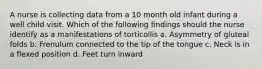 A nurse is collecting data from a 10 month old infant during a well child visit. Which of the following findings should the nurse identify as a manifestations of torticollis a. Asymmetry of gluteal folds b. Frenulum connected to the tip of the tongue c. Neck is in a flexed position d. Feet turn inward