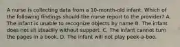 A nurse is collecting data from a 10-month-old infant. Which of the following findings should the nurse report to the provider? A. The infant is unable to recognize objects by name B. The infant does not sit steadily without support. C. The infant cannot turn the pages in a book. D. The infant will not play peek-a-boo.