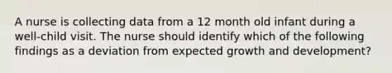 A nurse is collecting data from a 12 month old infant during a well-child visit. The nurse should identify which of the following findings as a deviation from expected growth and development?