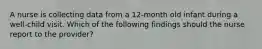 A nurse is collecting data from a 12-month old infant during a well-child visit. Which of the following findings should the nurse report to the provider?