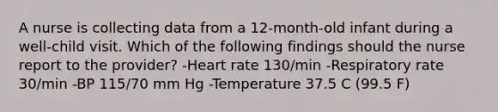 A nurse is collecting data from a 12-month-old infant during a well-child visit. Which of the following findings should the nurse report to the provider? -Heart rate 130/min -Respiratory rate 30/min -BP 115/70 mm Hg -Temperature 37.5 C (99.5 F)