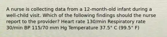 A nurse is collecting data from a 12-month-old infant during a well-child visit. Which of the following findings should the nurse report to the provider? Heart rate 130/min Respiratory rate 30/min BP 115/70 mm Hg Temperature 37.5° C (99.5° F)