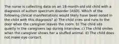 The nurse is collecting data on an 18-month-old old child with a diagnosis of autism spectrum disorder (ASD). Which of the following clinical manifestations would likely have been noted in the child with this diagnosis? a) The child cries and runs to the door when the caregiver leaves the room. b) The child sits quietly in the caregivers lap during interview. c) The child smiles when the caregiver shows her a stuffed animal. d) The child does not make eye contact.