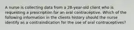 A nurse is collecting data from a 28-year-old client who is requesting a prescription for an oral contraceptive. Which of the following information in the clients history should the nurse identify as a contraindication for the use of oral contraceptives?