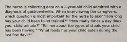 The nurse is collecting data on a 2-year-old child admitted with a diagnosis of gastroenteritis. When interviewing the caregivers, which question is most important for the nurse to ask? "How long has your child been toilet trained?" "How many times a day does your child urinate?" "Tell me about the types of stools your child has been having." "What foods has your child eaten during the last few days?"