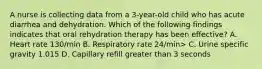 A nurse is collecting data from a 3-year-old child who has acute diarrhea and dehydration. Which of the following findings indicates that oral rehydration therapy has been effective? A. Heart rate 130/min B. Respiratory rate 24/min> C. Urine specific gravity 1.015 D. Capillary refill greater than 3 seconds