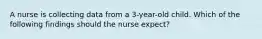 A nurse is collecting data from a 3-year-old child. Which of the following findings should the nurse expect?