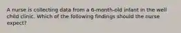 A nurse is collecting data from a 6-month-old infant in the well child clinic. Which of the following findings should the nurse expect?