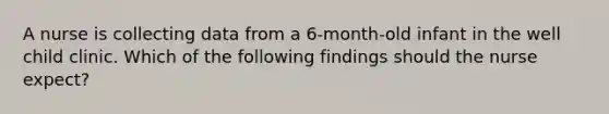 A nurse is collecting data from a 6-month-old infant in the well child clinic. Which of the following findings should the nurse expect?