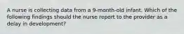 A nurse is collecting data from a 9-month-old infant. Which of the following findings should the nurse report to the provider as a delay in development?