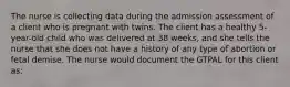 The nurse is collecting data during the admission assessment of a client who is pregnant with twins. The client has a healthy 5-year-old child who was delivered at 38 weeks, and she tells the nurse that she does not have a history of any type of abortion or fetal demise. The nurse would document the GTPAL for this client as: