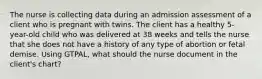 The nurse is collecting data during an admission assessment of a client who is pregnant with twins. The client has a healthy 5-year-old child who was delivered at 38 weeks and tells the nurse that she does not have a history of any type of abortion or fetal demise. Using GTPAL, what should the nurse document in the client's chart?