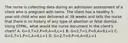 The nurse is collecting data during an admission assessment of a client who is pregnant with twins. The client has a healthy 5-year-old child who was delivered at 38 weeks and tells the nurse that there is no history of any type of abortion or fetal demise. Using GTPAL, what would the nurse document in the client's chart? A. G=3,T=2,P=0,A=0,L=1 B. G=2,T=1,P=0,A=0,L=1 C. G=1,T=1,P=1,A=0,L=1 D. G=2,T=0,P=0,A=0,L=1