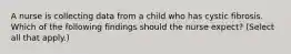 A nurse is collecting data from a child who has cystic fibrosis. Which of the following findings should the nurse expect? (Select all that apply.)