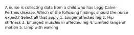 A nurse is collecting data from a child who has Legg-Calve-Perthes disease. Which of the following findings should the nurse expect? Select all that apply 1. Longer affected leg 2. Hip stiffness 3. Enlarged muscles in affected leg 4. Limited range of motion 5. Limp with walking