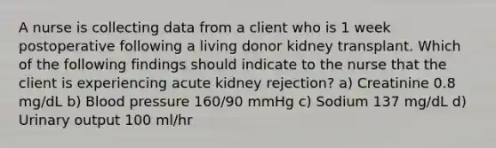 A nurse is collecting data from a client who is 1 week postoperative following a living donor kidney transplant. Which of the following findings should indicate to the nurse that the client is experiencing acute kidney rejection? a) Creatinine 0.8 mg/dL b) Blood pressure 160/90 mmHg c) Sodium 137 mg/dL d) Urinary output 100 ml/hr