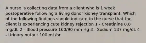 A nurse is collecting data from a client who is 1 week postoperative following a living donor kidney transplant. Which of the following findings should indicate to the nurse that the client is experiencing cute kidney rejection 1 - Creatinine 0.8 mg/dL 2 - Blood pressure 160/90 mm Hg 3 - Sodium 137 mg/dL 4 - Urinary output 100 mL/hr