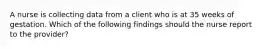 A nurse is collecting data from a client who is at 35 weeks of gestation. Which of the following findings should the nurse report to the provider?